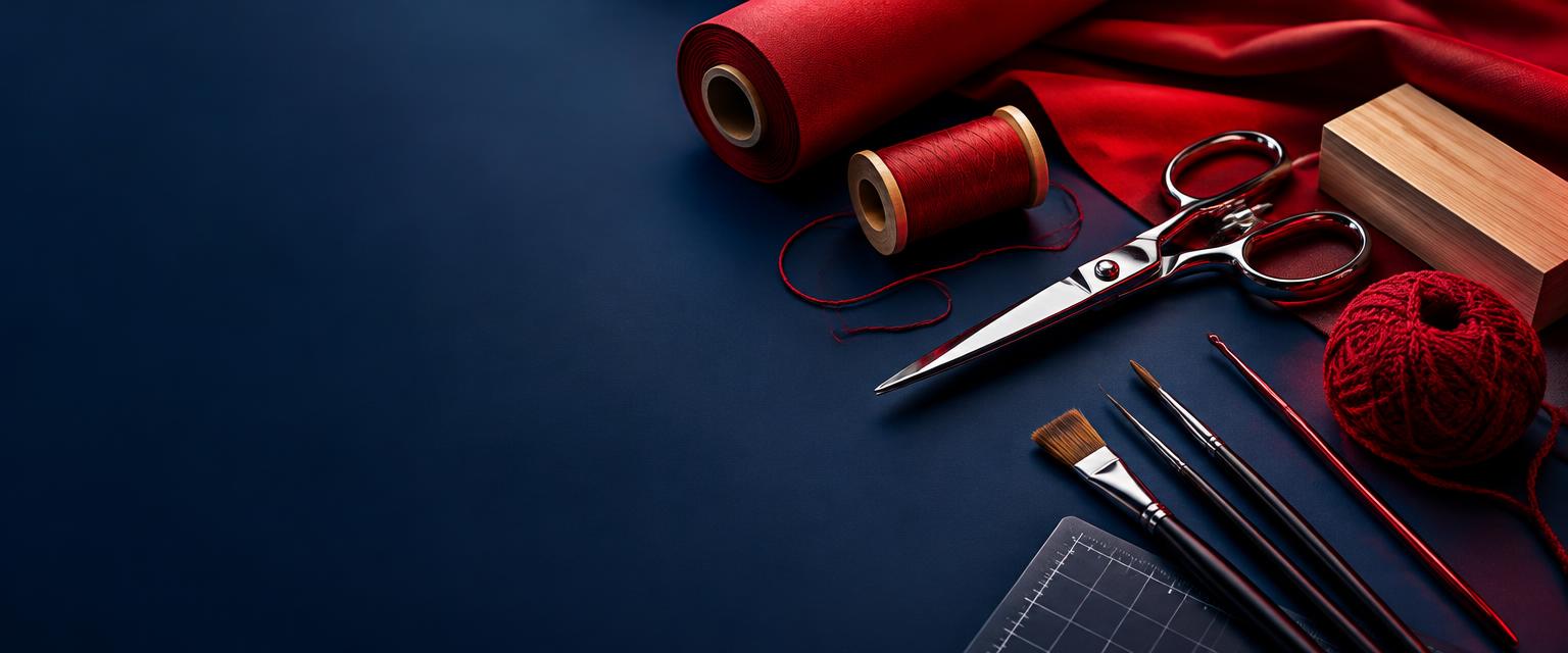 Red fabric, yarn, scissors, wood and paintbrushes on a premium blue craft worktable